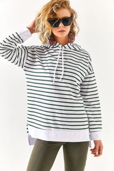 Women's Khaki White Striped Hooded Sweatshirt with Side Slit SWT-19000410 - OLALOOK
