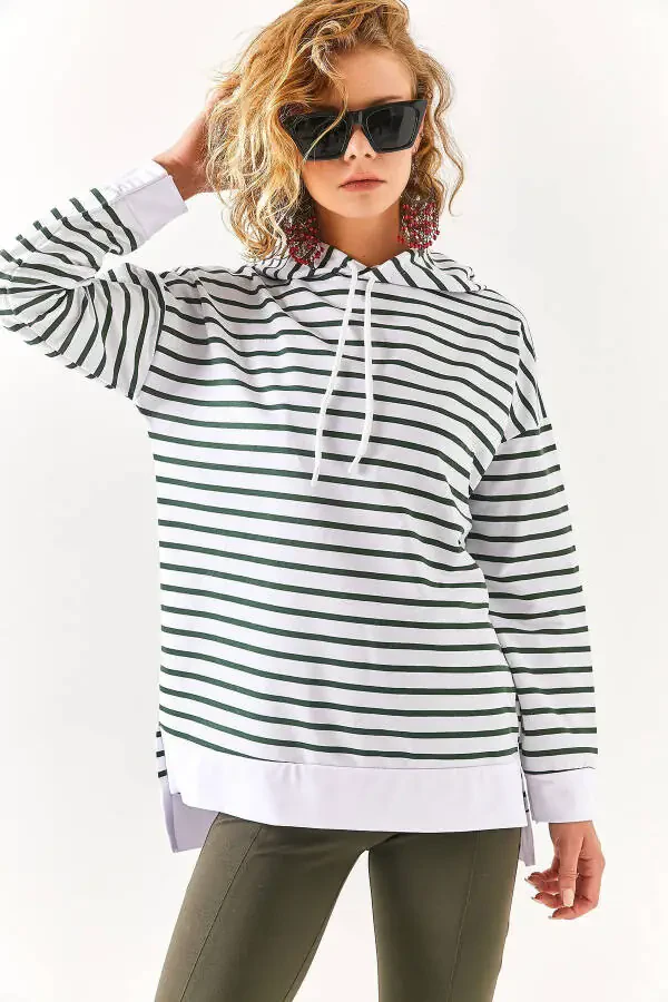 Women's Khaki White Striped Hooded Sweatshirt with Side Slit SWT-19000410 - 1