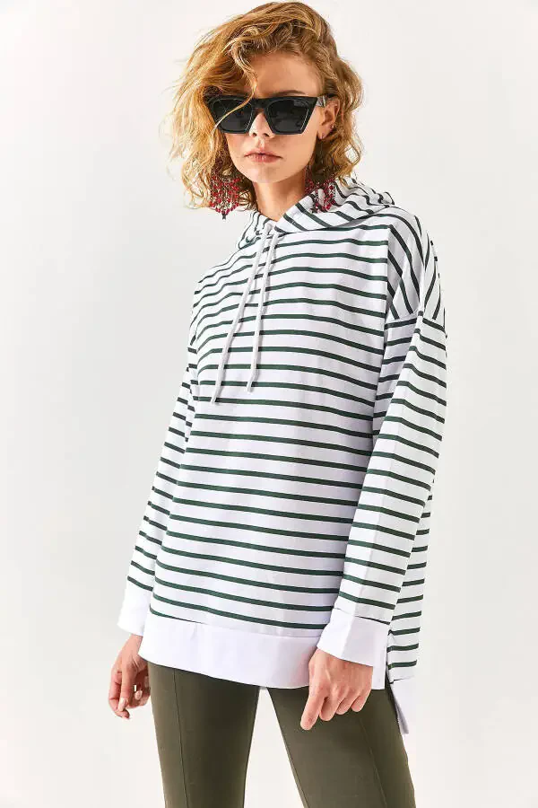 Women's Khaki White Striped Hooded Sweatshirt with Side Slit SWT-19000410 - 2