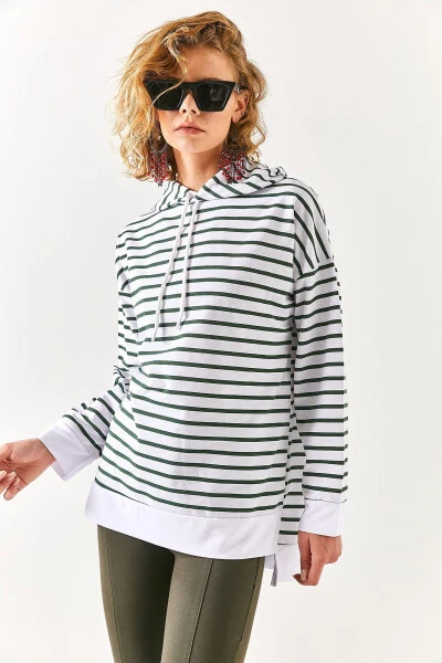 Women's Khaki White Striped Hooded Sweatshirt with Side Slit SWT-19000410 - 3