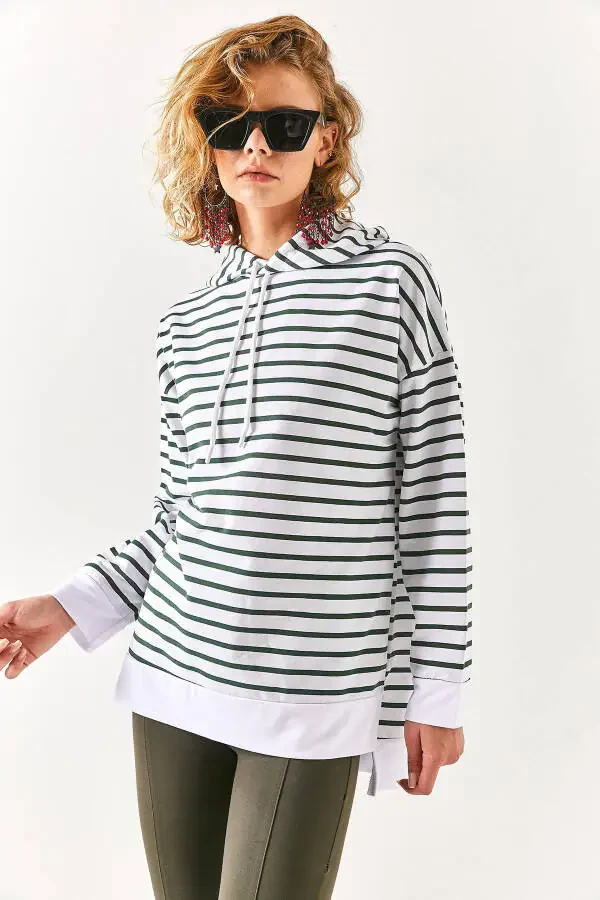 Women's Khaki White Striped Hooded Sweatshirt with Side Slit SWT-19000410 - 3