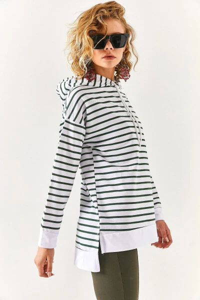 Women's Khaki White Striped Hooded Sweatshirt with Side Slit SWT-19000410 - 4