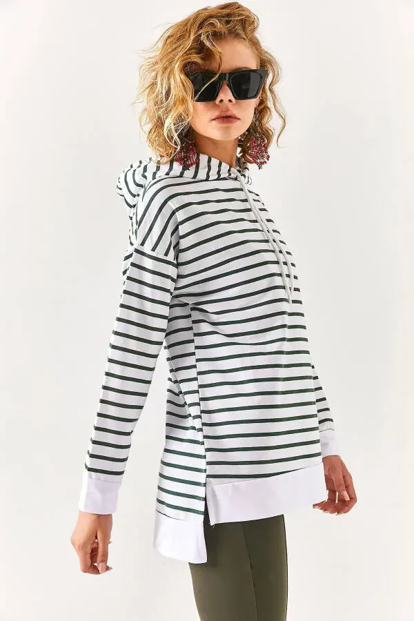 Women's Khaki White Striped Hooded Sweatshirt with Side Slit SWT-19000410 - 4