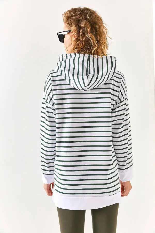 Women's Khaki White Striped Hooded Sweatshirt with Side Slit SWT-19000410 - 5