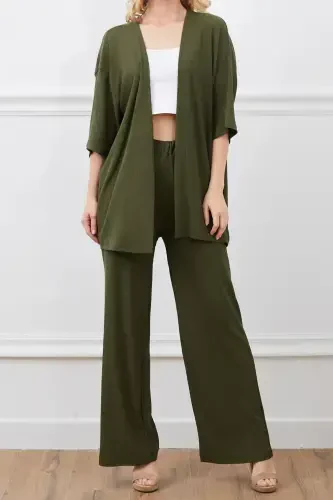 Women's Khaki Wide Leg Palazzo Pants Top Kimono Set-KHAKIWIDELEG - Modazone (1)