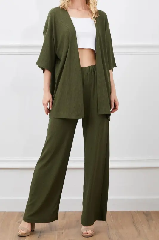 Women's Khaki Wide Leg Palazzo Pants Top Kimono Set-KHAKIWIDELEG - 1