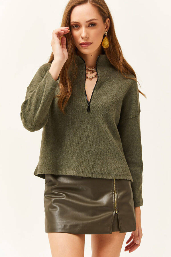 Women's Khaki Zippered High Neck Thistle Sweater - 1