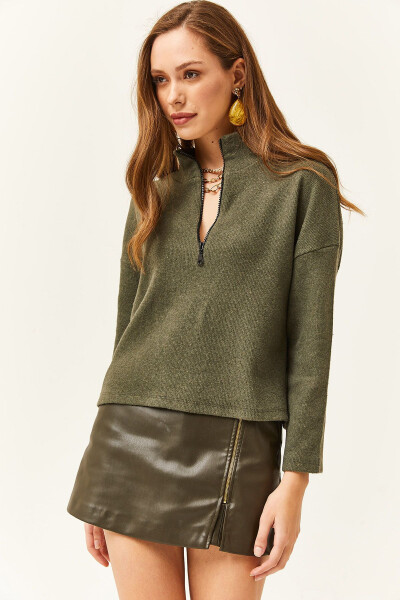 Women's Khaki Zippered High Neck Thistle Sweater - OLALOOK (1)