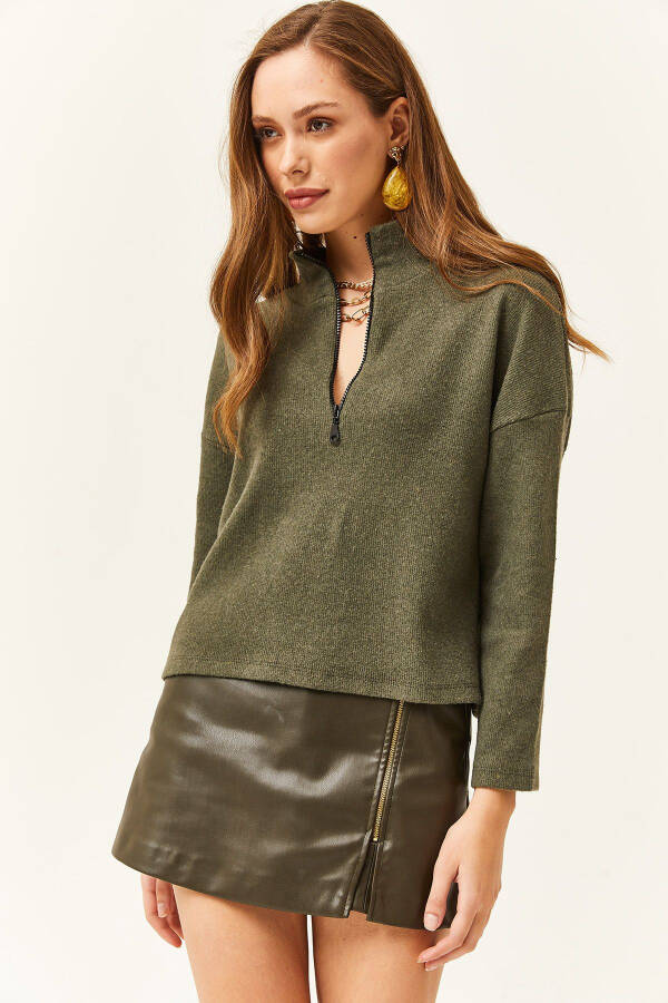 Women's Khaki Zippered High Neck Thistle Sweater - 2