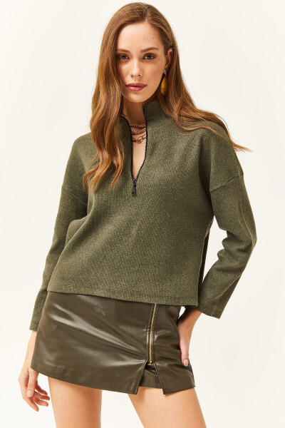 Women's Khaki Zippered High Neck Thistle Sweater - 3