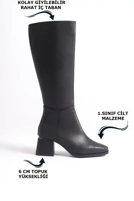 Women's Knee-High Black Heeled Shiny Detailed Zippered Leather Look Long Boot-Black - 3