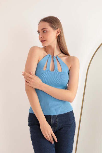 Women's Knit Fabric Chain Detail Blouse - Baby Blue - 6