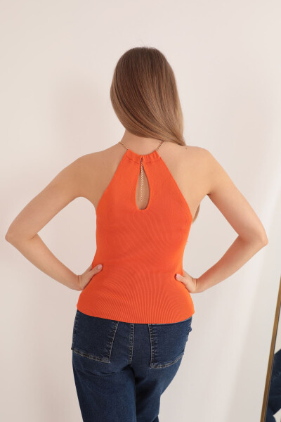 Women's Knit Fabric Chain Detail Blouse-Orange - 4