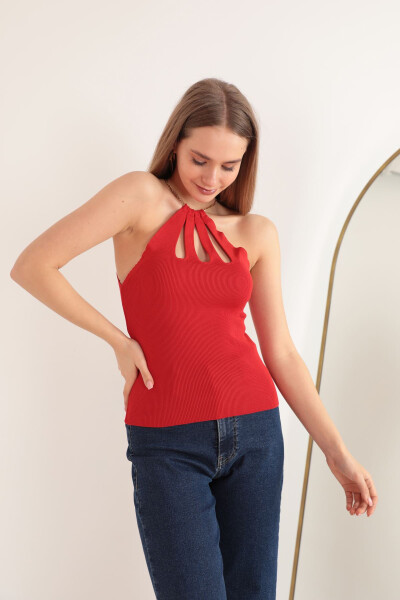 Women's Knit Fabric Chain Detail Blouse - Red - 6