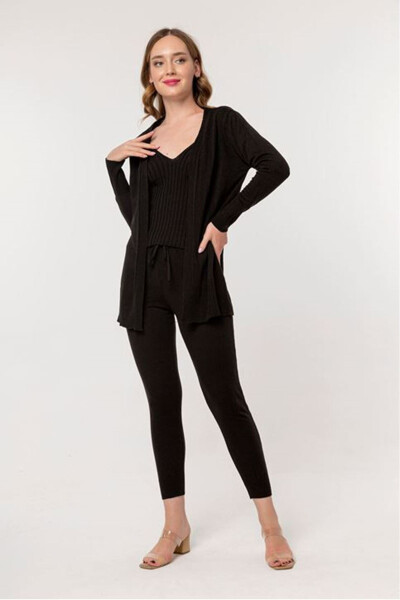 Women's Knit Long Sleeve V-Neck Long Length Knit Set 3 Piece - Black - 1