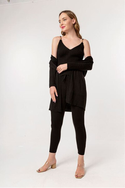 Women's Knit Long Sleeve V-Neck Long Length Knit Set 3 Piece - Black - 2