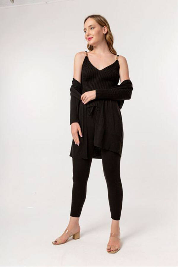 Women's Knit Long Sleeve V-Neck Long Length Knit Set 3 Piece - Black - 4