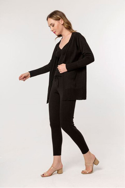 Women's Knit Long Sleeve V-Neck Long Length Knit Set 3 Piece - Black - 6