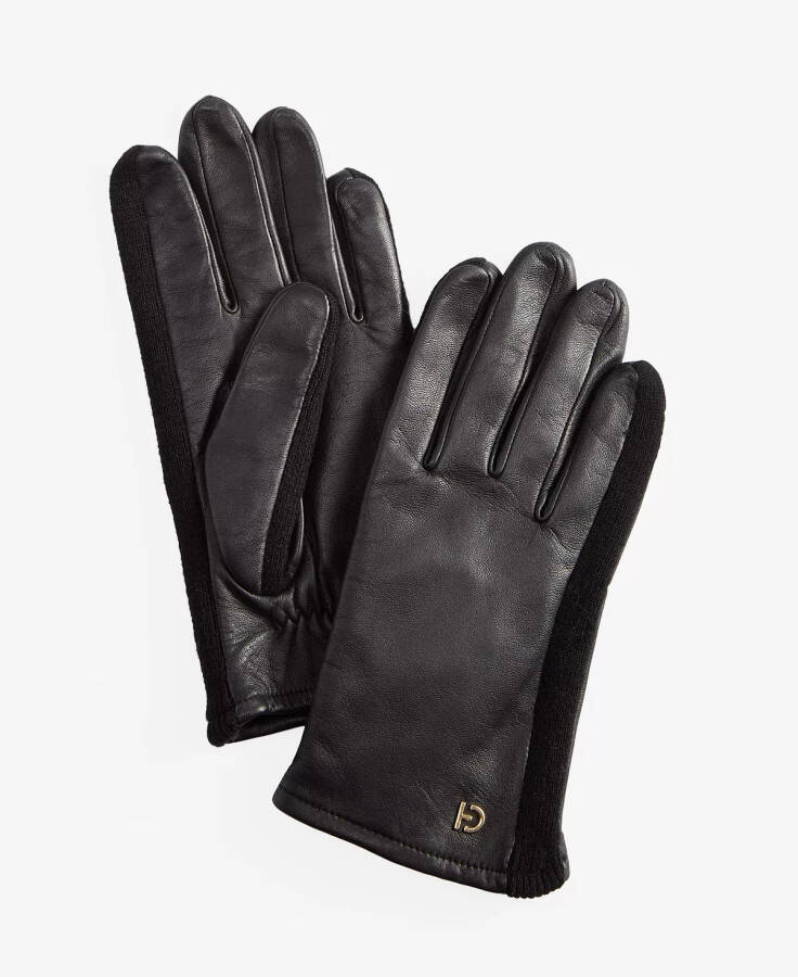 Women's Knit-Panel Leather Gloves Caviar - 1