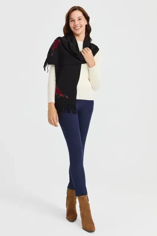 Women's Knit Scarf with Floral Trim Wool Scarf Black-Black - DESEN TRIKO