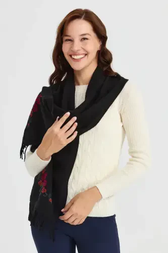 Women's Knit Scarf with Floral Trim Wool Scarf Black-Black - DESEN TRIKO (1)