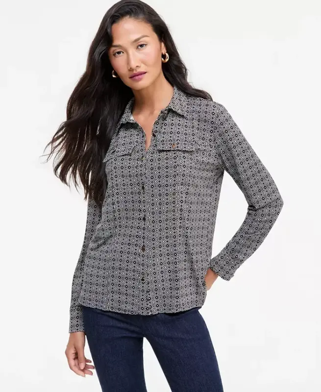 Women's Knit Utility Shirt, Exclusively at Modazone - Mira Geo - 1