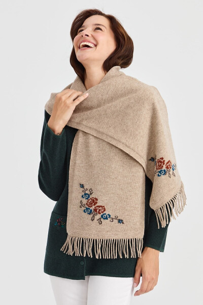 Women's Knitted Edge Floral Wool Scarf K.Beige - 15