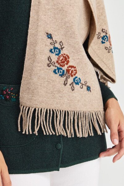 Women's Knitted Edge Floral Wool Scarf K.Beige - 19