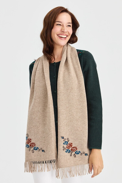 Women's Knitted Edge Floral Wool Scarf K.Beige - 14