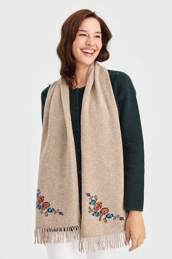 Women's Knitted Edge Floral Wool Scarf K.Beige - 14