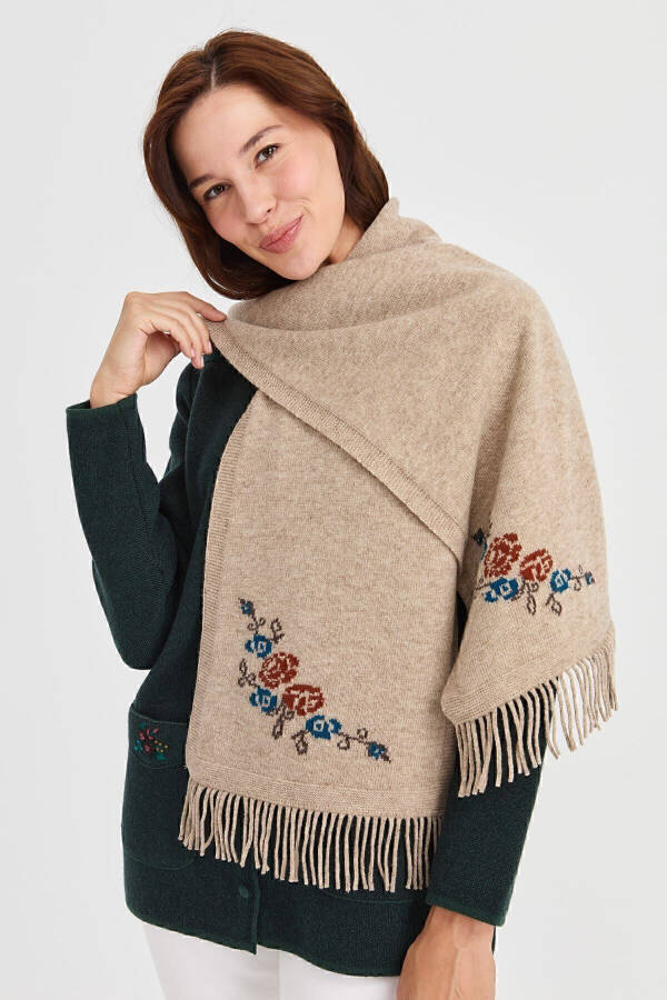 Women's Knitted Edge Floral Wool Scarf K.Beige - 4