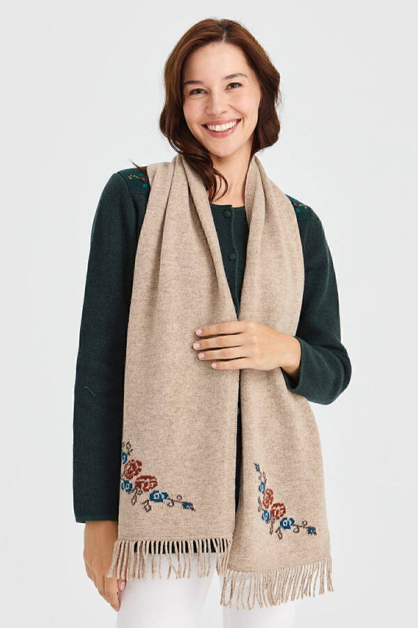 Women's Knitted Edge Floral Wool Scarf K.Beige - 6