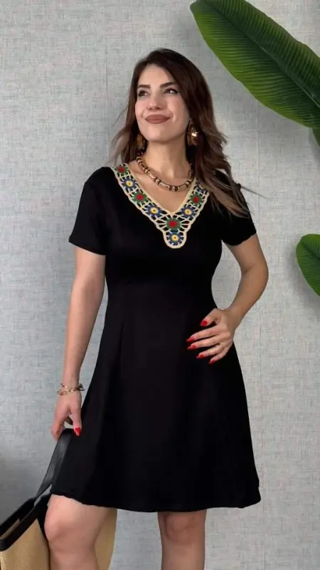 Women's Knitted Fabric Floral Embroidered Dress - 1