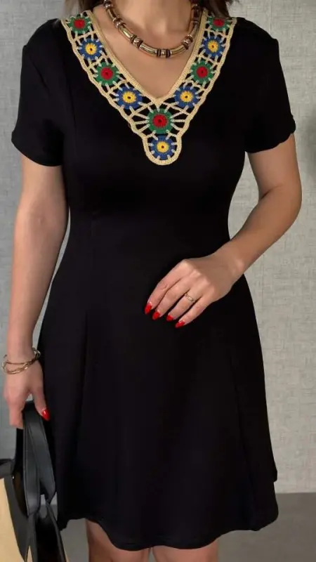 Women's Knitted Fabric Floral Embroidered Dress - 3