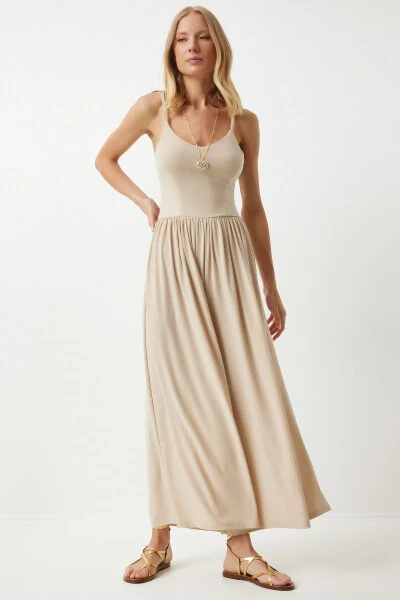 Women's Knitted Jumpsuit with Cream Straps and Wide Legs for Summer DD01328 - HAPPINESS İSTANBUL (1)