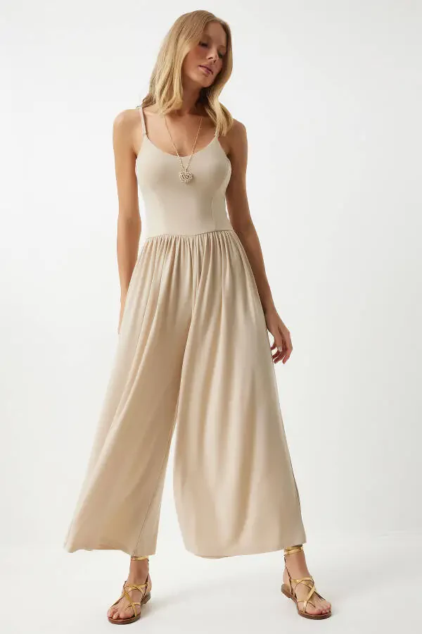 Women's Knitted Jumpsuit with Cream Straps and Wide Legs for Summer DD01328 - 3