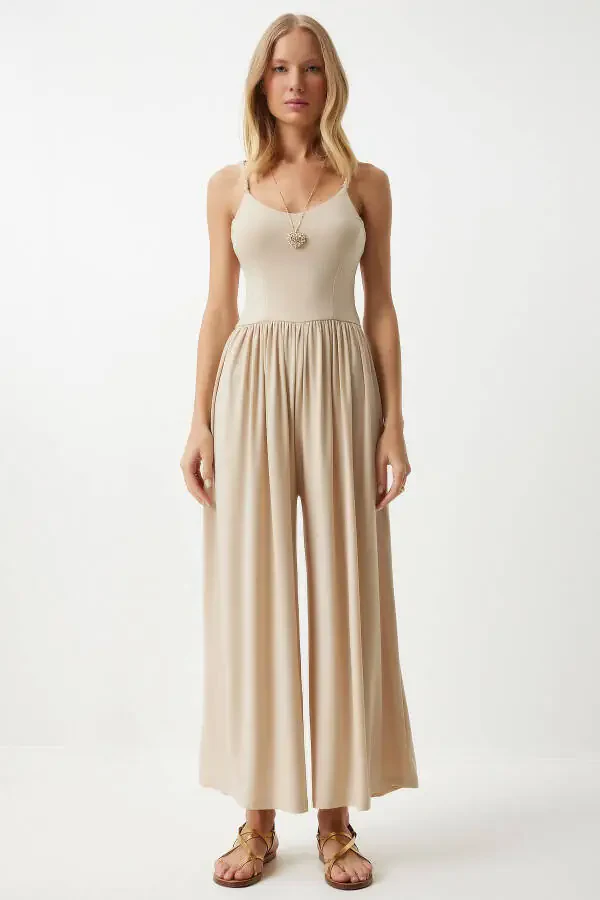 Women's Knitted Jumpsuit with Cream Straps and Wide Legs for Summer DD01328 - 4