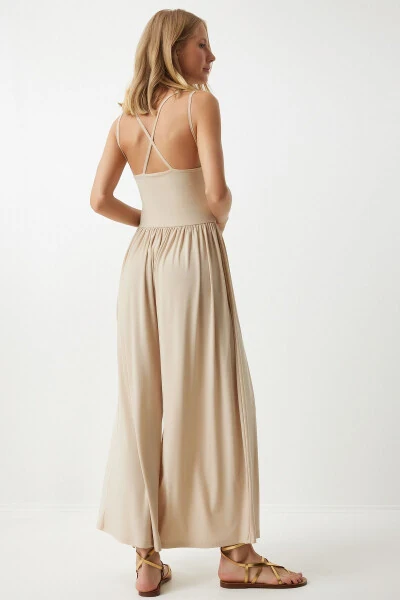 Women's Knitted Jumpsuit with Cream Straps and Wide Legs for Summer DD01328 - 6