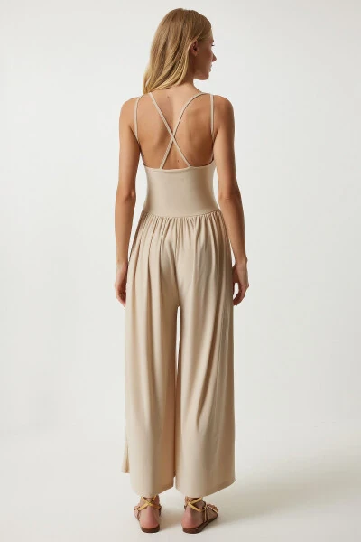 Women's Knitted Jumpsuit with Cream Straps and Wide Legs for Summer DD01328 - 8