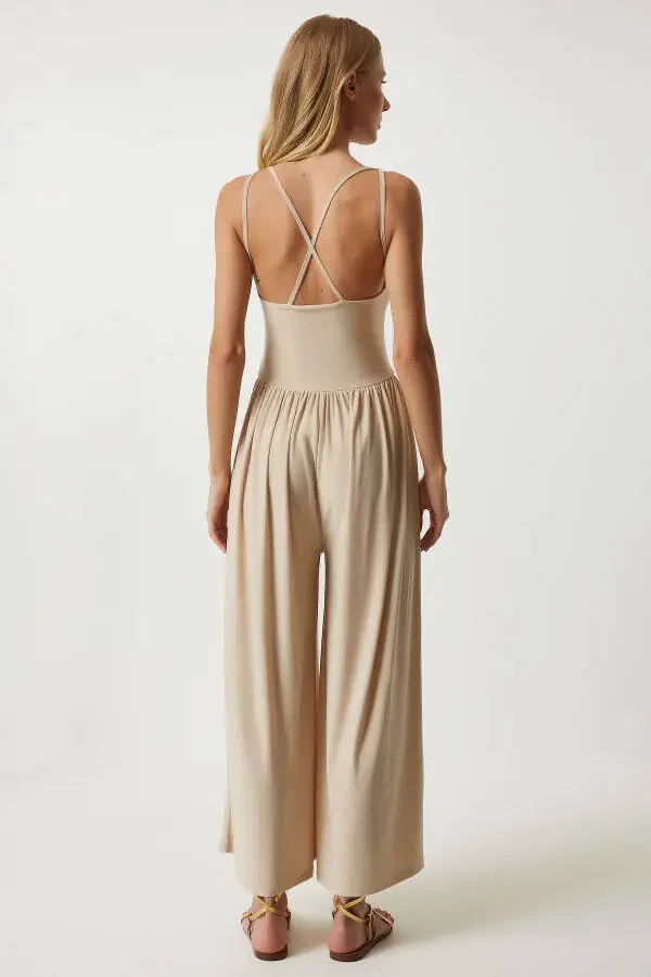 Women's Knitted Jumpsuit with Cream Straps and Wide Legs for Summer DD01328 - 8