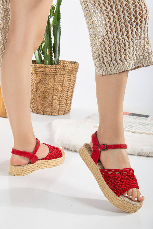 Women's Knitted Straw Padded Heeled Baby Red Sandals (3cm) - 3