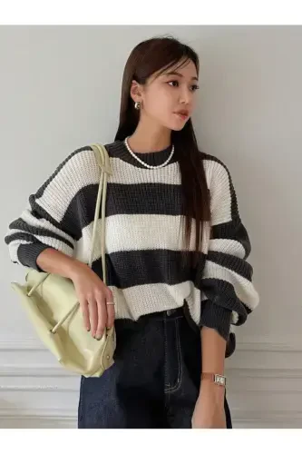 Women's Knitted Striped Sweater-Anthracite - 2