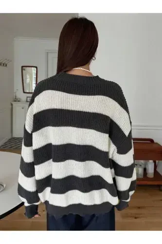 Women's Knitted Striped Sweater-Anthracite - 6