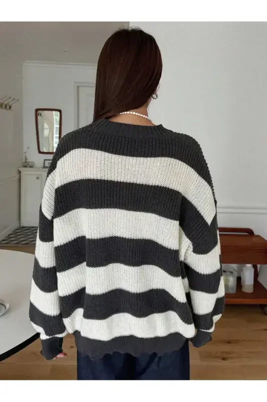 Women's Knitted Striped Sweater-Anthracite - 6