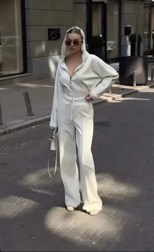 Women's Lace Embroidered Hooded Cardigan and Flared Pants Set - 1