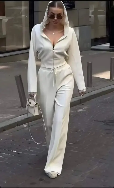 Women's Lace Embroidered Hooded Cardigan and Flared Pants Set - 5