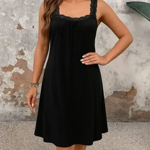 Women's Lace Strap Square Neck Long Viscose Dress - BÜYÜKBEDENIZ (1)