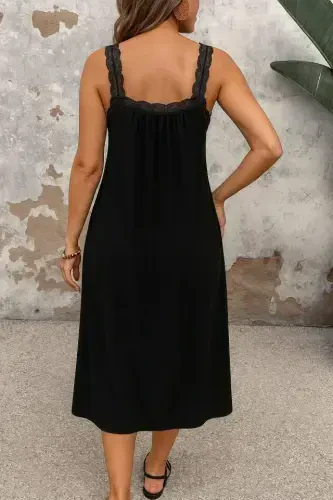 Women's Lace Strap Square Neck Long Viscose Dress - 3