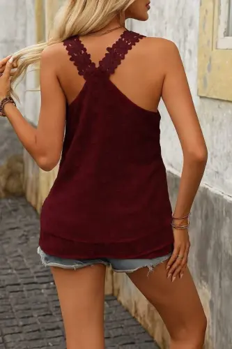 Women's Lace Strappy V-Neck Criss Cross Back Detail Pom Pom Blouse - 6