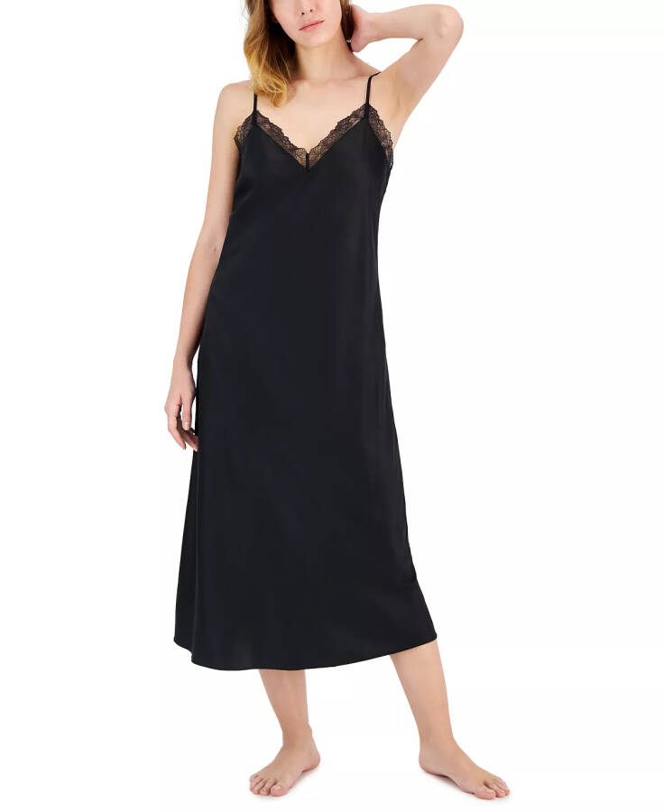 Women's Lace-Trim Satin Nightgown, Created for Modazone Deep Black - 1